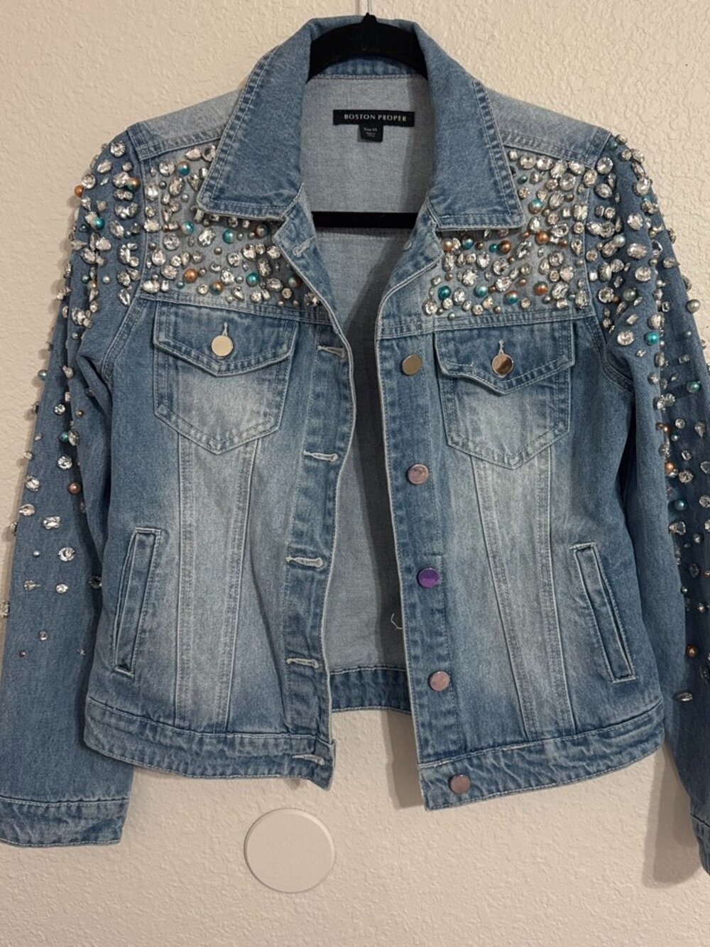 Boston Proper Rhinestone & Pearl Embellished Denim Jacket XS